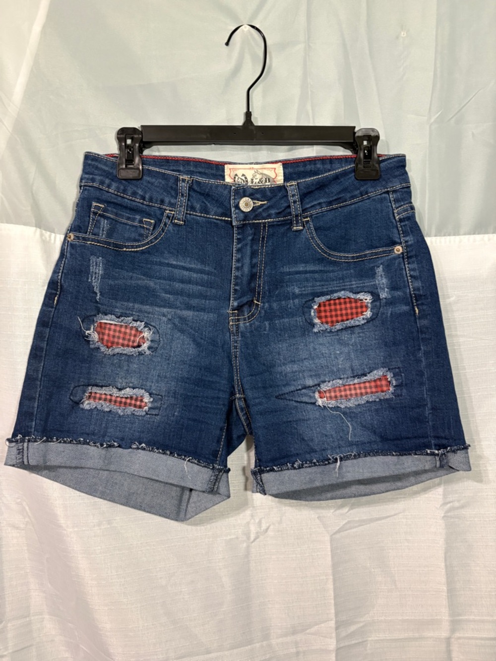 L&B Blue Distressed Denim Shorts with Red Plaid Inserts